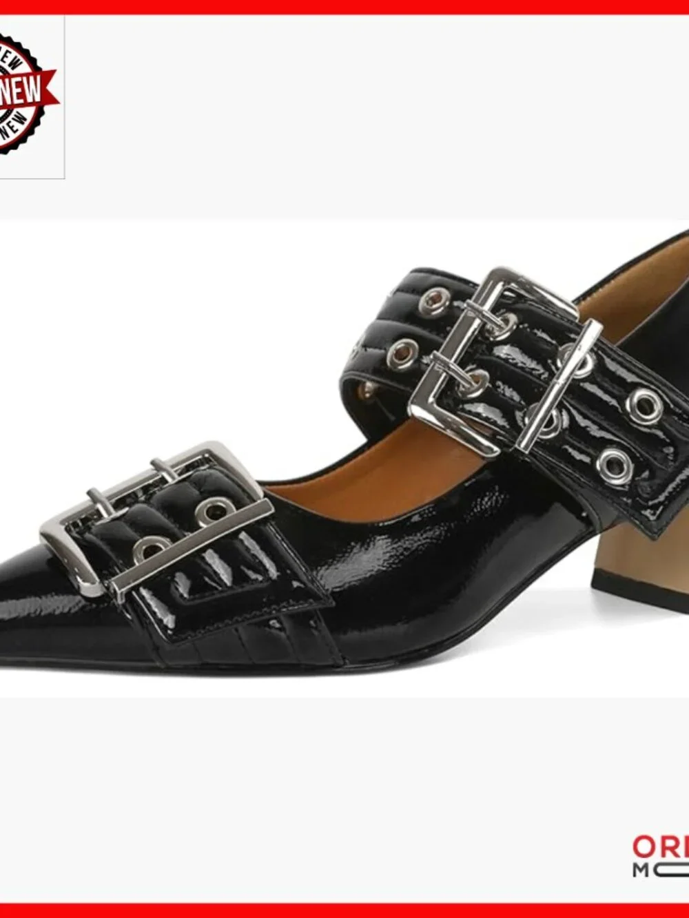 Pointed Toe Mary Jane Pumps with Metal Buckle Strap, 2 Inch Block Heels